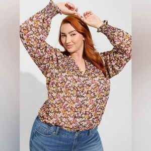 Torrid Crinkle Chiffon Smocked Blouson Sleeve Blouse Women's Size 1